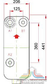 Габаритный чертёж паяного теплообменника KAORI A140