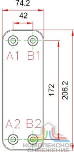 Габаритный чертёж паяного теплообменника KAORI F025